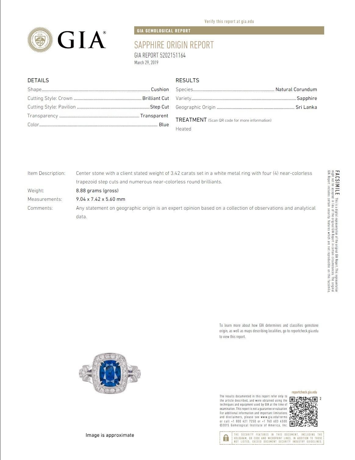 DiamondTown GIA Certified 3.42 Carat Cushion Cut Ceylon Sapphire and Diam. Ring 3