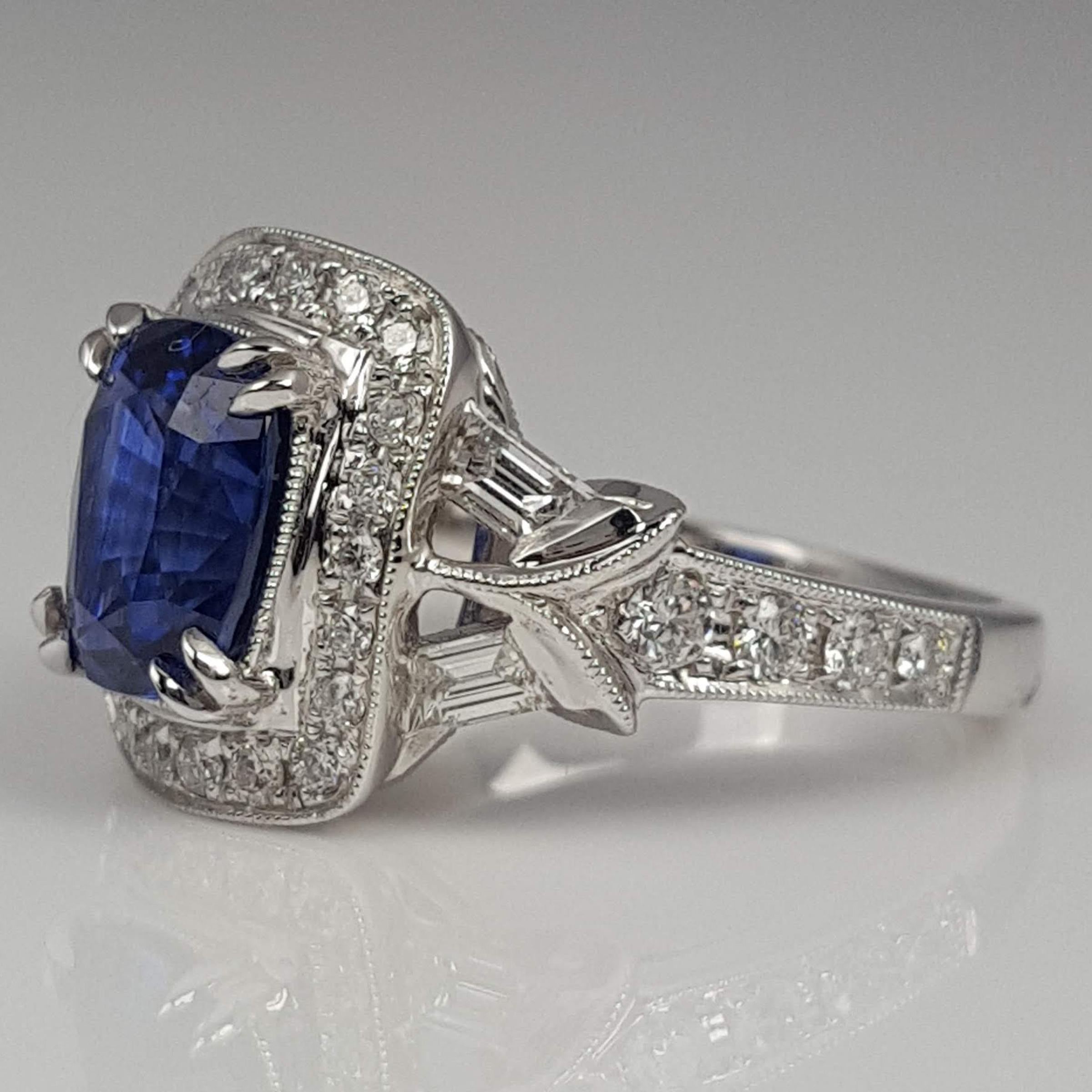 DiamondTown GIA Certified 3.42 Carat Cushion Cut Ceylon Sapphire and Diam. Ring In New Condition In New York, NY