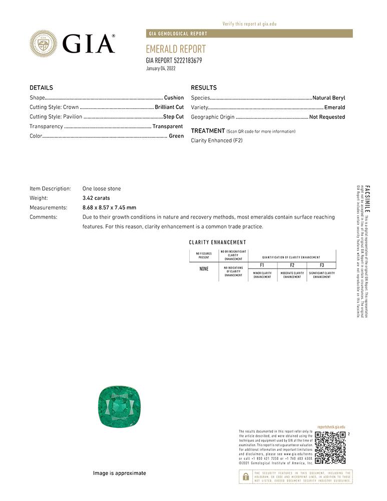 Cushion Cut Dunaigre Certified 3.65 Carat Colombian Green Emerald Diamond Engagement Ring For Sale