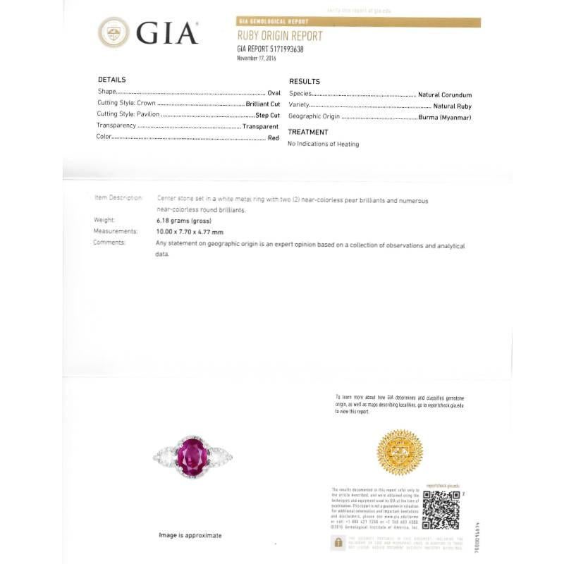 Women's Platinum No Heat Magok Burma Ruby and Diamond Cocktail Ring GIA Certificate