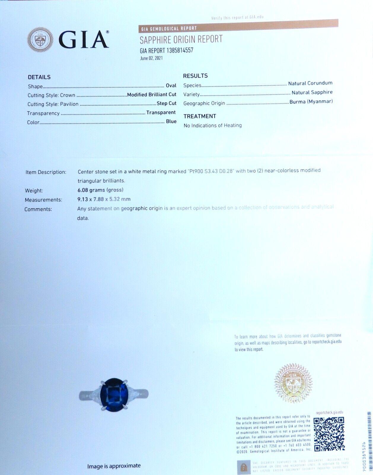 GIA Certified 3.43ct Burma No Heat Blue Sapphire Diamonds Ring Platinum For Sale 4