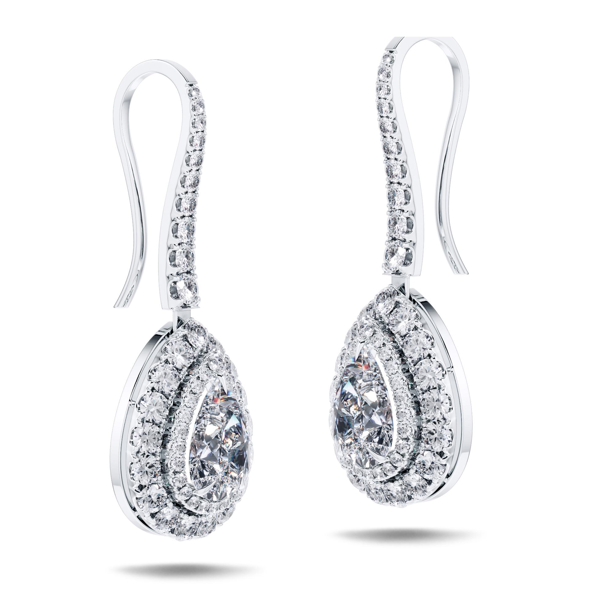 Modern GIA Certified 3.45 Carat Pear Round Brilliant Diamond Drop Platinum Earrings For Sale