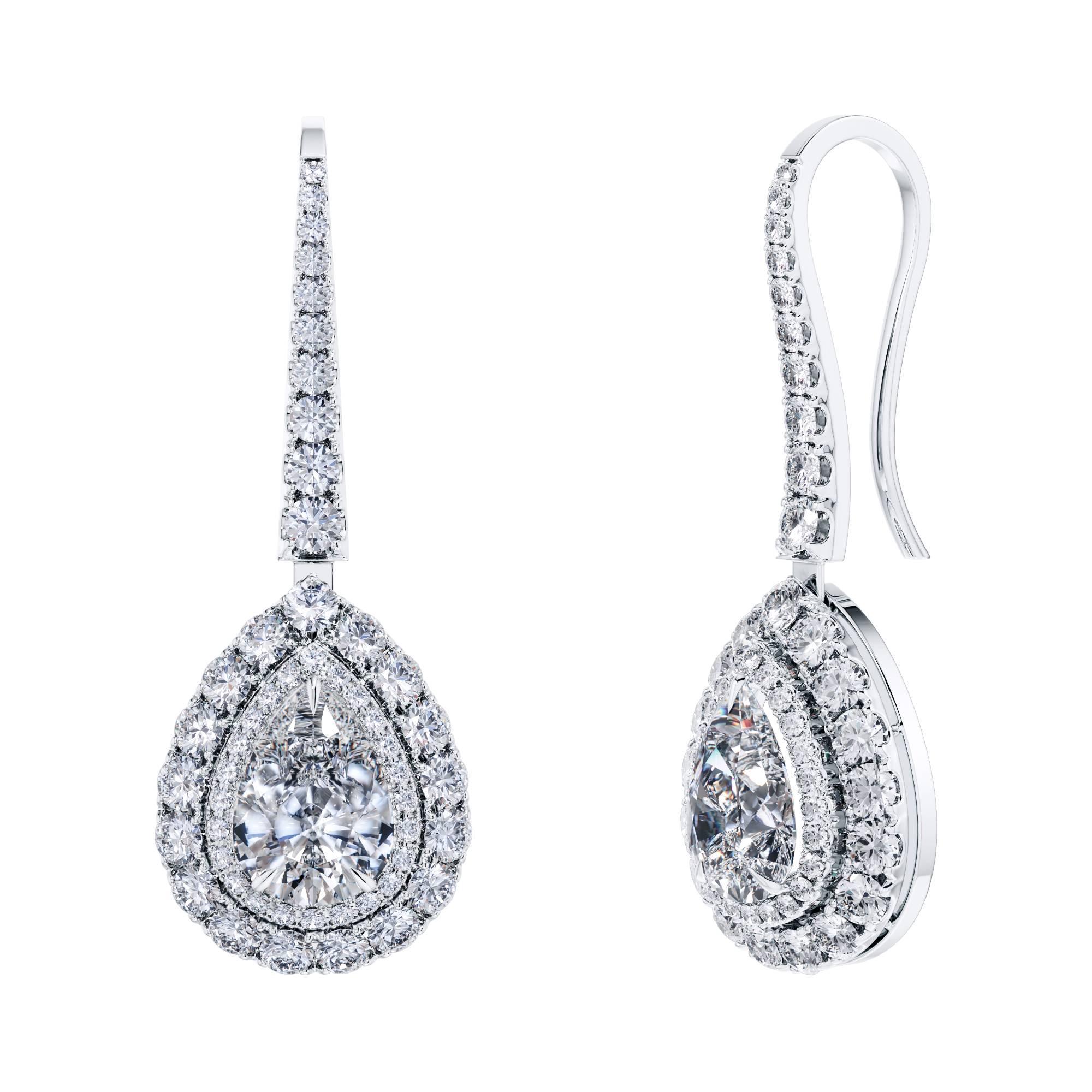 Pendants d'oreilles en platine avec diamants brillants ronds taille poire de 3,45 carats certifiés GIA