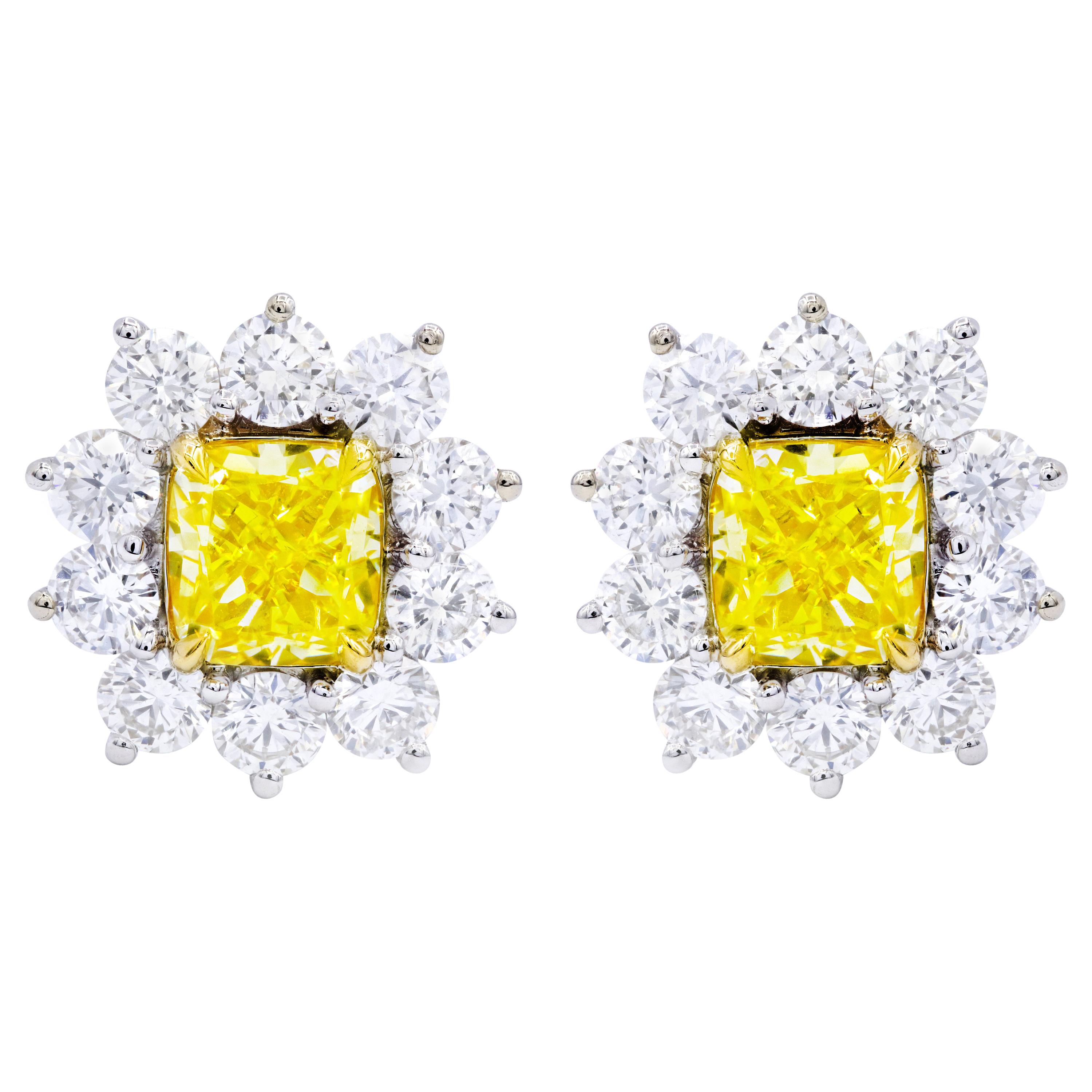 GIA Certified 3.46 Carat Cushion Cut Fancy Yellow Diamond Cluster Stud Earrings For Sale