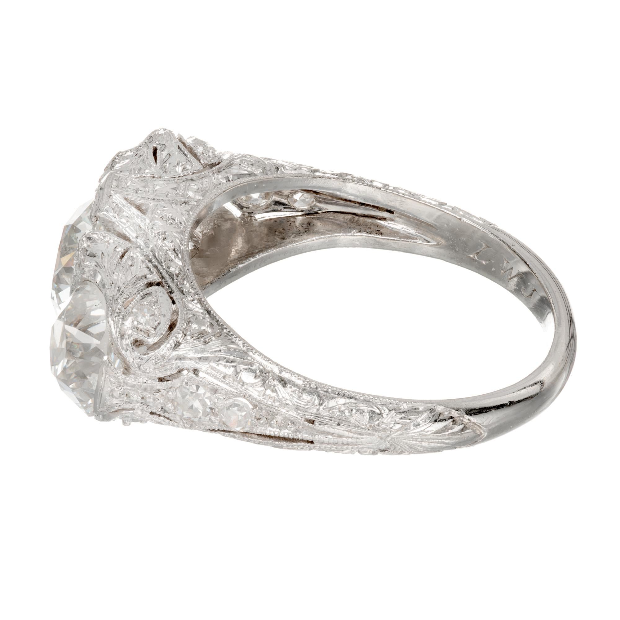 GIA Certified 3.46 Carat Edwardian Diamond Platinum Three-Stone Engagement Ring 3
