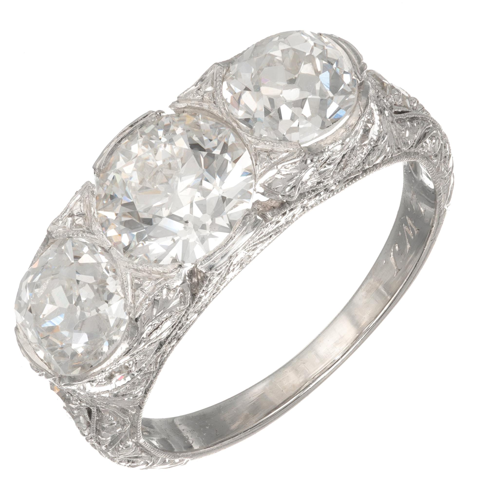 GIA Certified 3.46 Carat Edwardian Diamond Platinum Three-Stone Engagement Ring