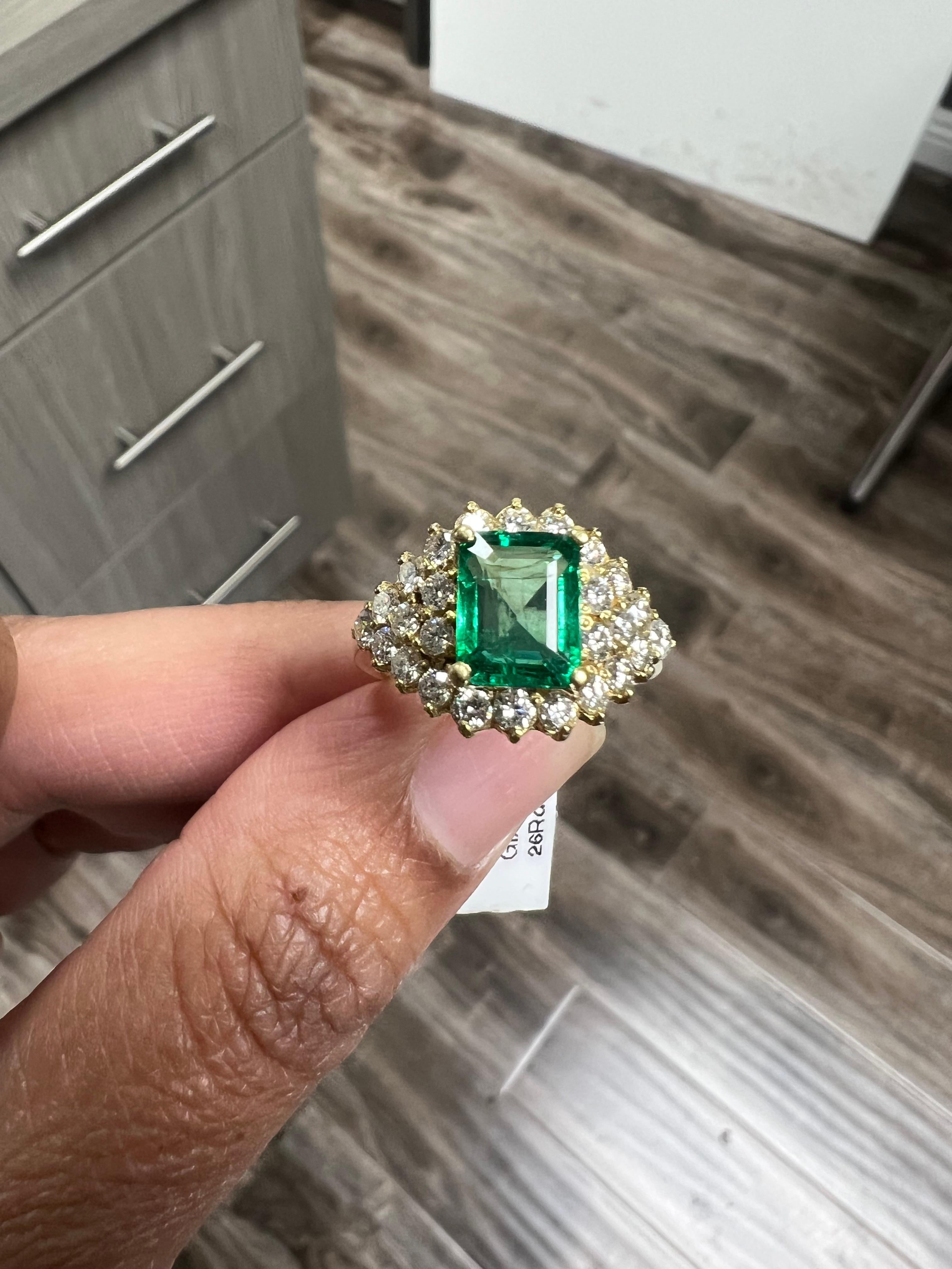GIA Certified 3.46 Carat Emerald Diamond 18 Karat Yellow Gold Cluster Ring For Sale 4
