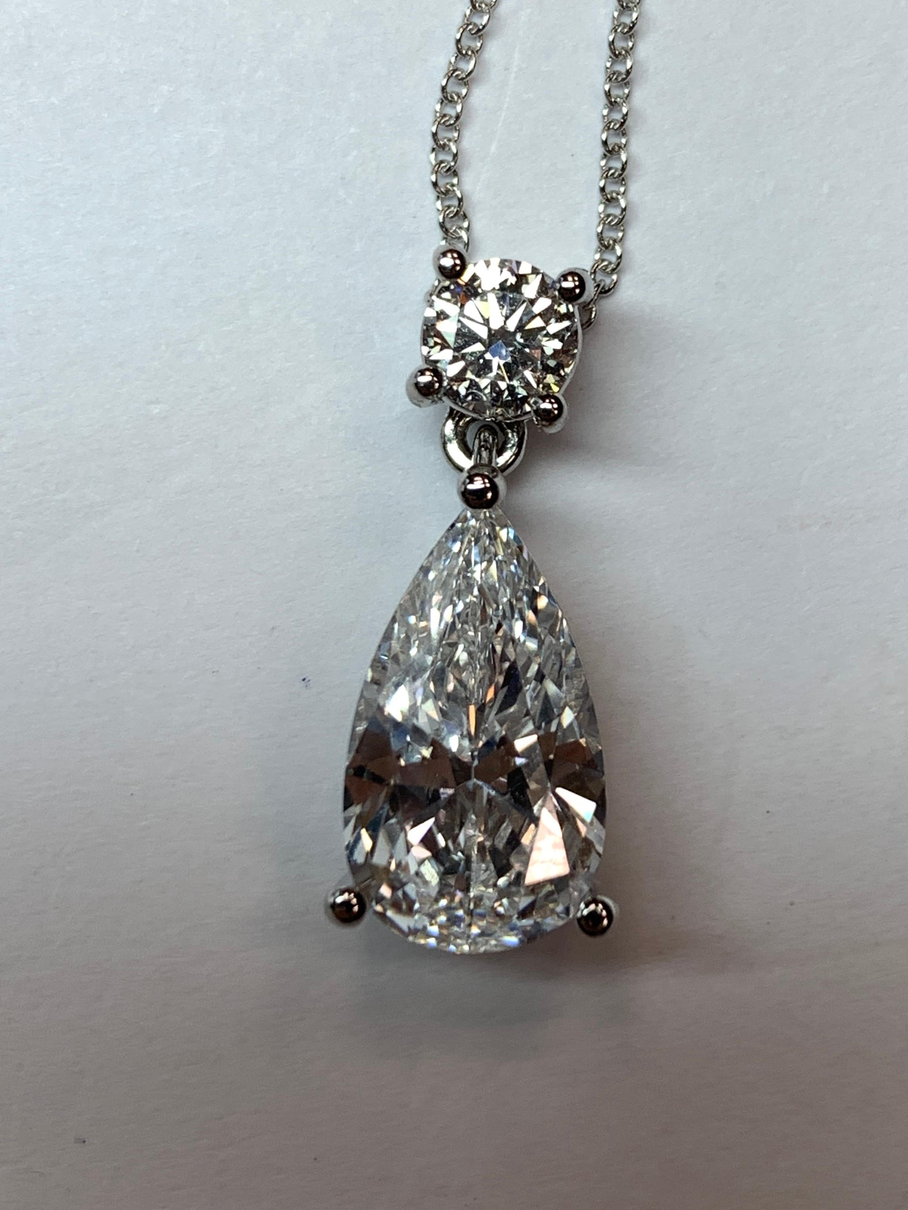 Modern GIA Certified 3.46 Carat Pear Brilliant D VVS2 No Fluor, Natural Diamond Pendant