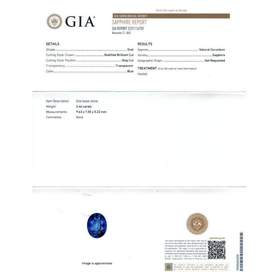 Embark on a journey of discovery with a Natural Blue Sapphire, a mesmerizing gem weighing 3.46 carats, certified by a GIA Report. The oval-shaped beauty, measuring 9.63 x 7.55 x 5.22 mm, boasts a Brilliant/Step cut, enhancing its inherent