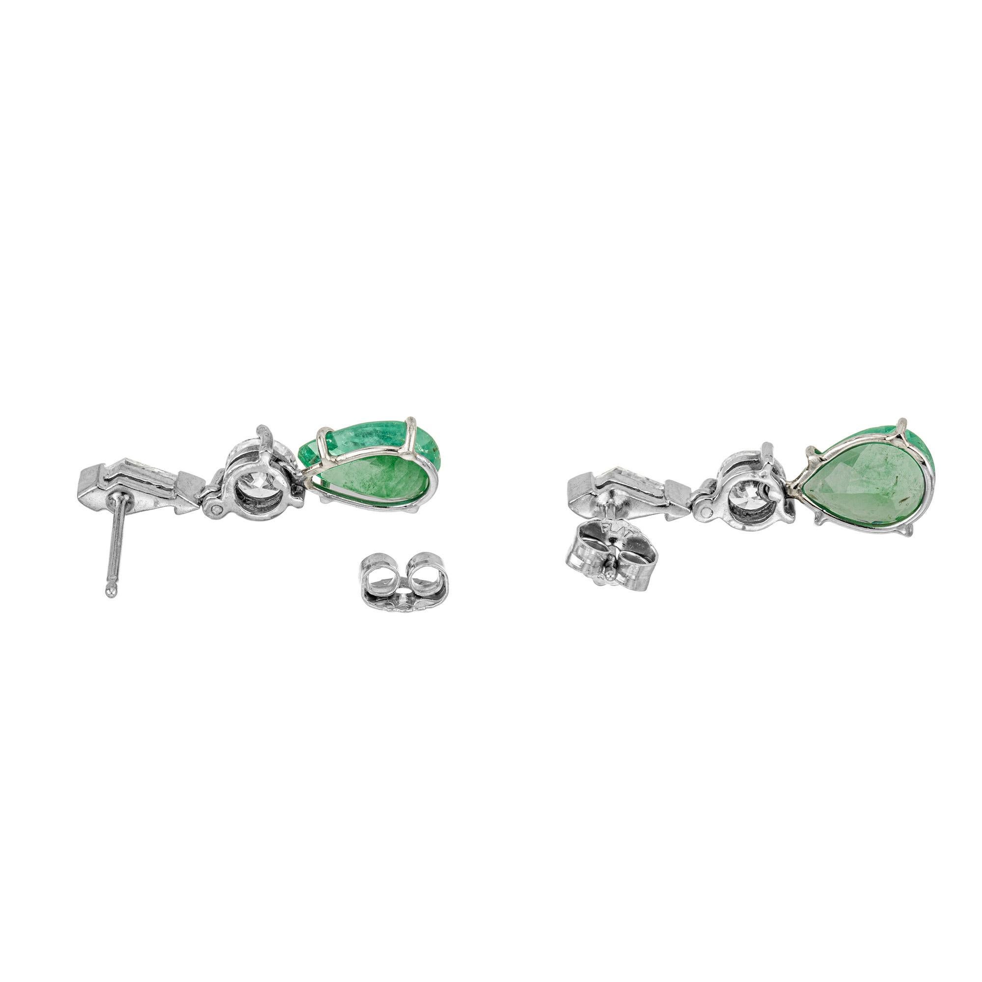 Pear Cut GIA Certified 3.47 Carat Pear Emerald Diamond Platinum Dangle Earrings