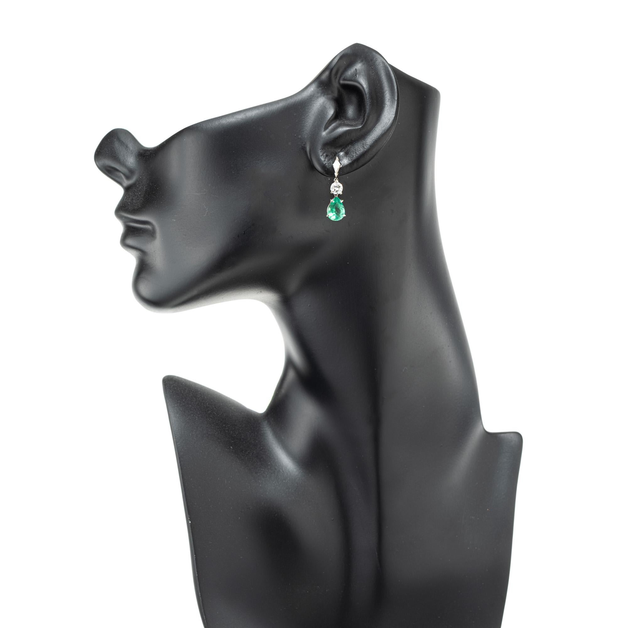 GIA Certified 3.47 Carat Pear Emerald Diamond Platinum Dangle Earrings 3