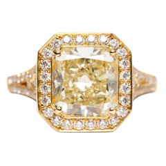 Bague de fiançailles en or jaune 18 carats avec diamant rond radiant de 3,47 carats certifié par le GIA