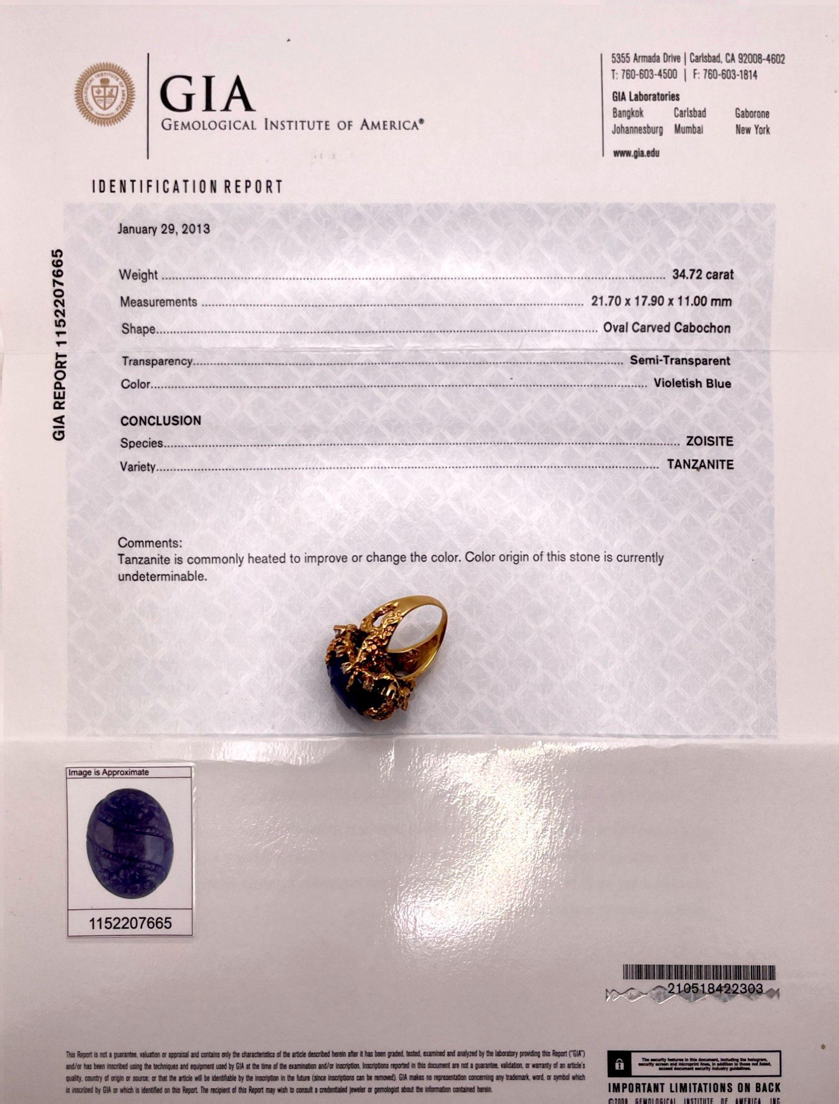GIA Certified 34.72 CT Tanzanite Diamond Gold Ring For Sale 4