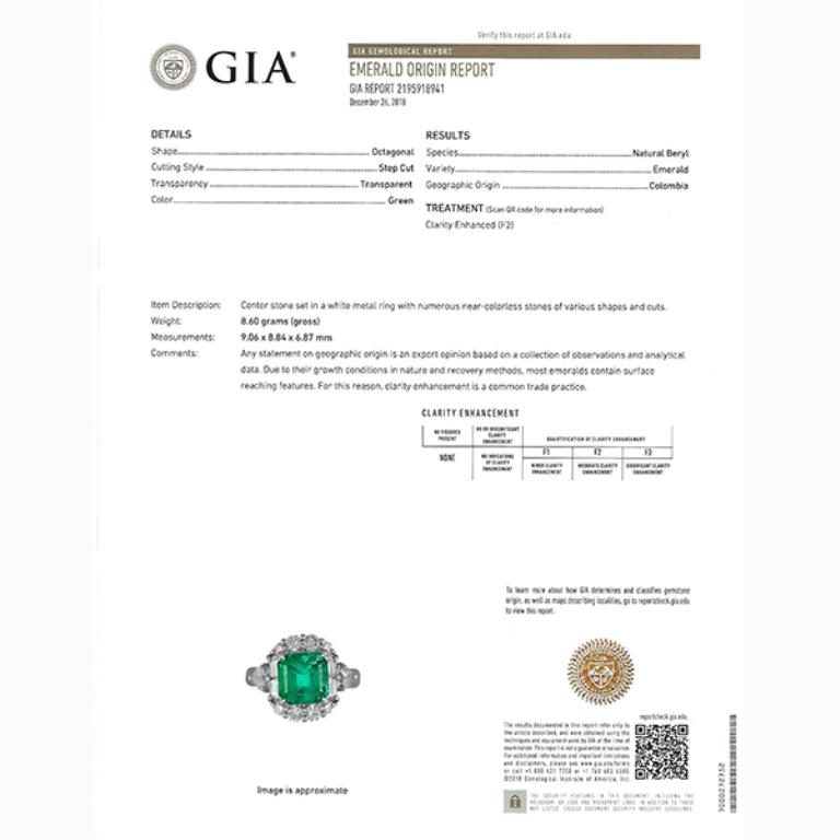 Asscher Cut GIA Certified 3.48 Carat Natural Colombian Emerald Diamond Platinum Ring