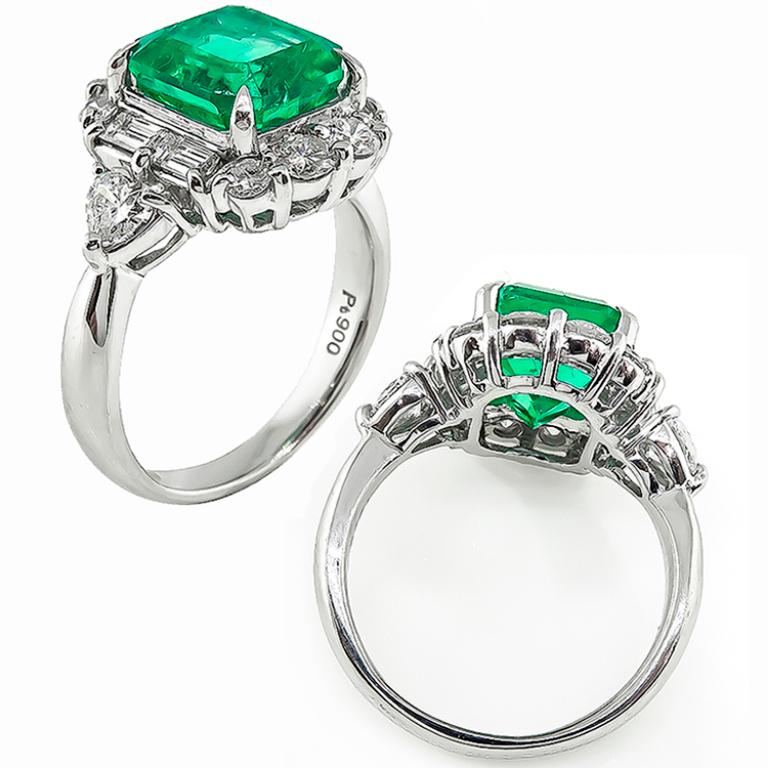 GIA Certified 3.48 Carat Natural Colombian Emerald Diamond Platinum Ring In Excellent Condition In New York, NY