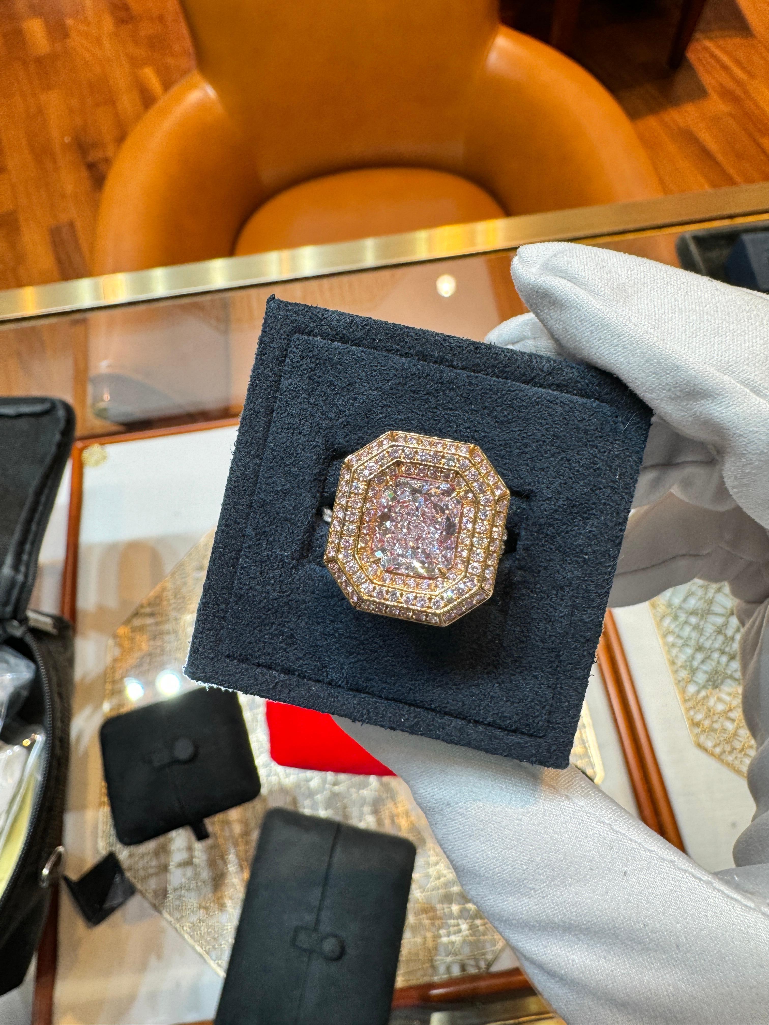 GIA Certified 3.48 Carat Radiant Cut Fancy Light Pink Diamond Ring in 18k For Sale 1