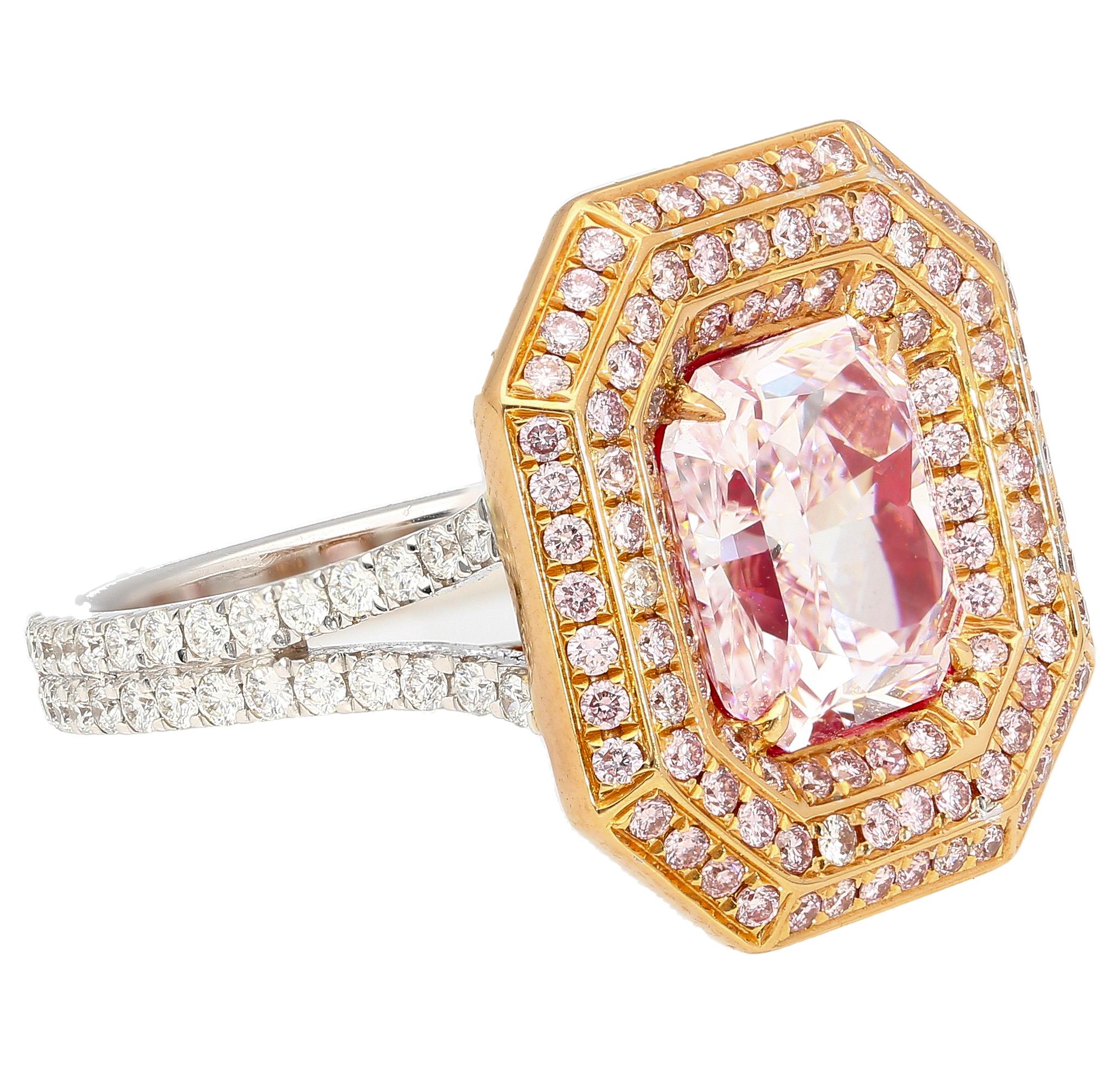GIA Certified 3.48 Carat Radiant Cut Fancy Light Pink Diamond Ring in 18k  In New Condition For Sale In Miami, FL