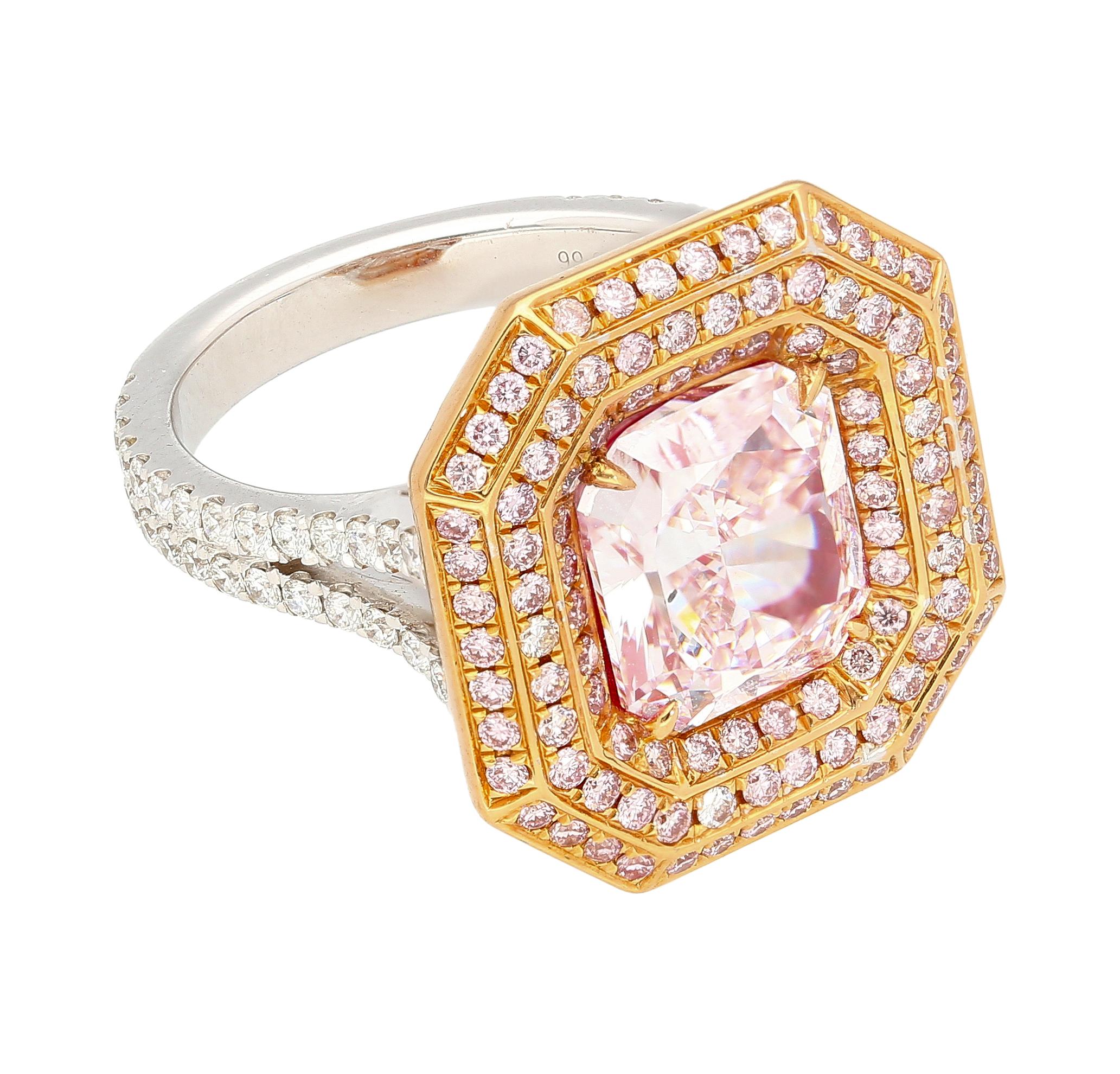 Women's GIA Certified 3.48 Carat Radiant Cut Fancy Light Pink Diamond Ring in 18k  For Sale