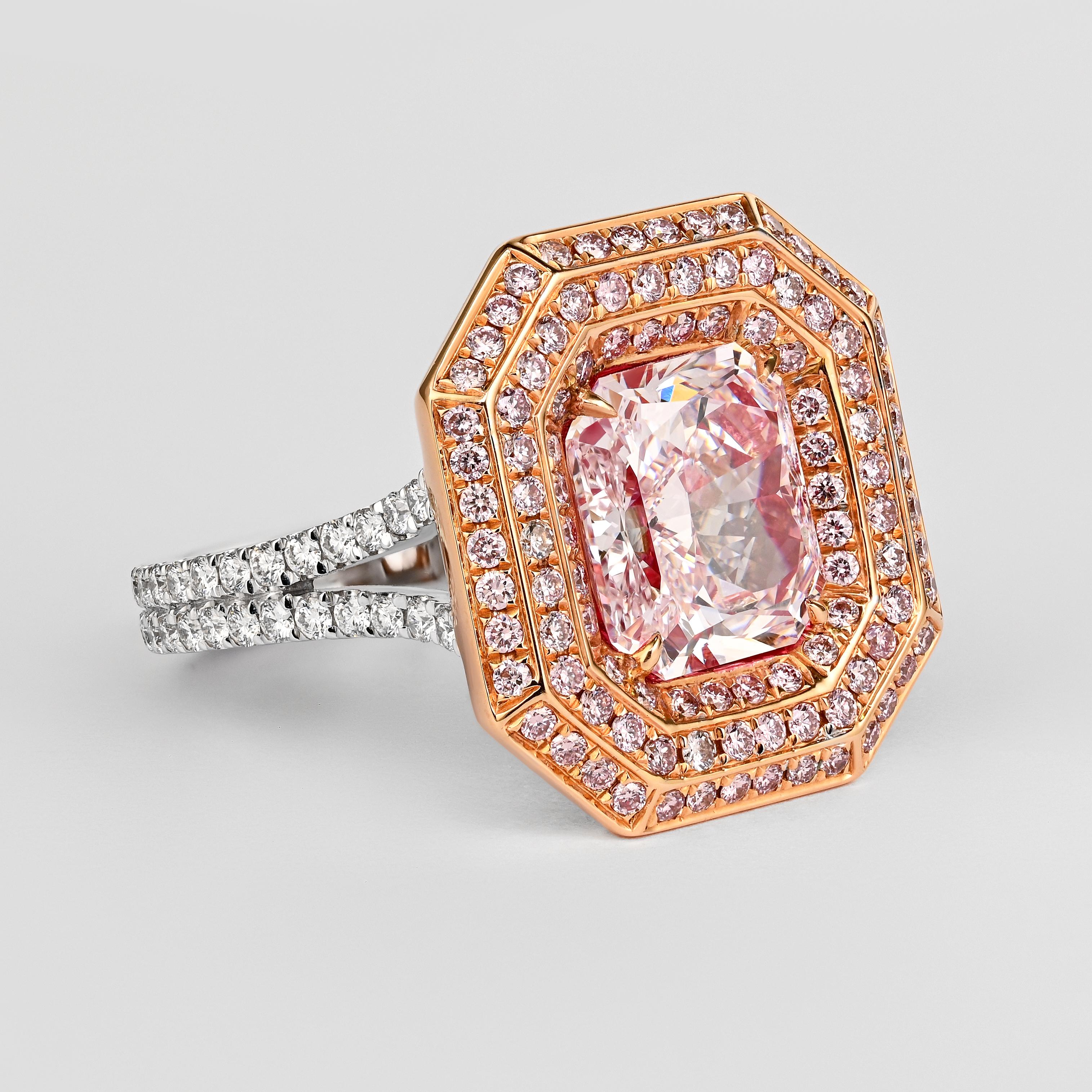 Women's GIA Certified 3.48 Carat Radiant Cut Fancy Light Pink Diamond Ring in 18k For Sale