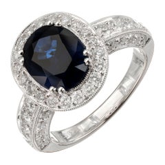 GIA Certified 3.48 Carat Royal Blue Sapphire Diamond Halo Gold Engagement Ring