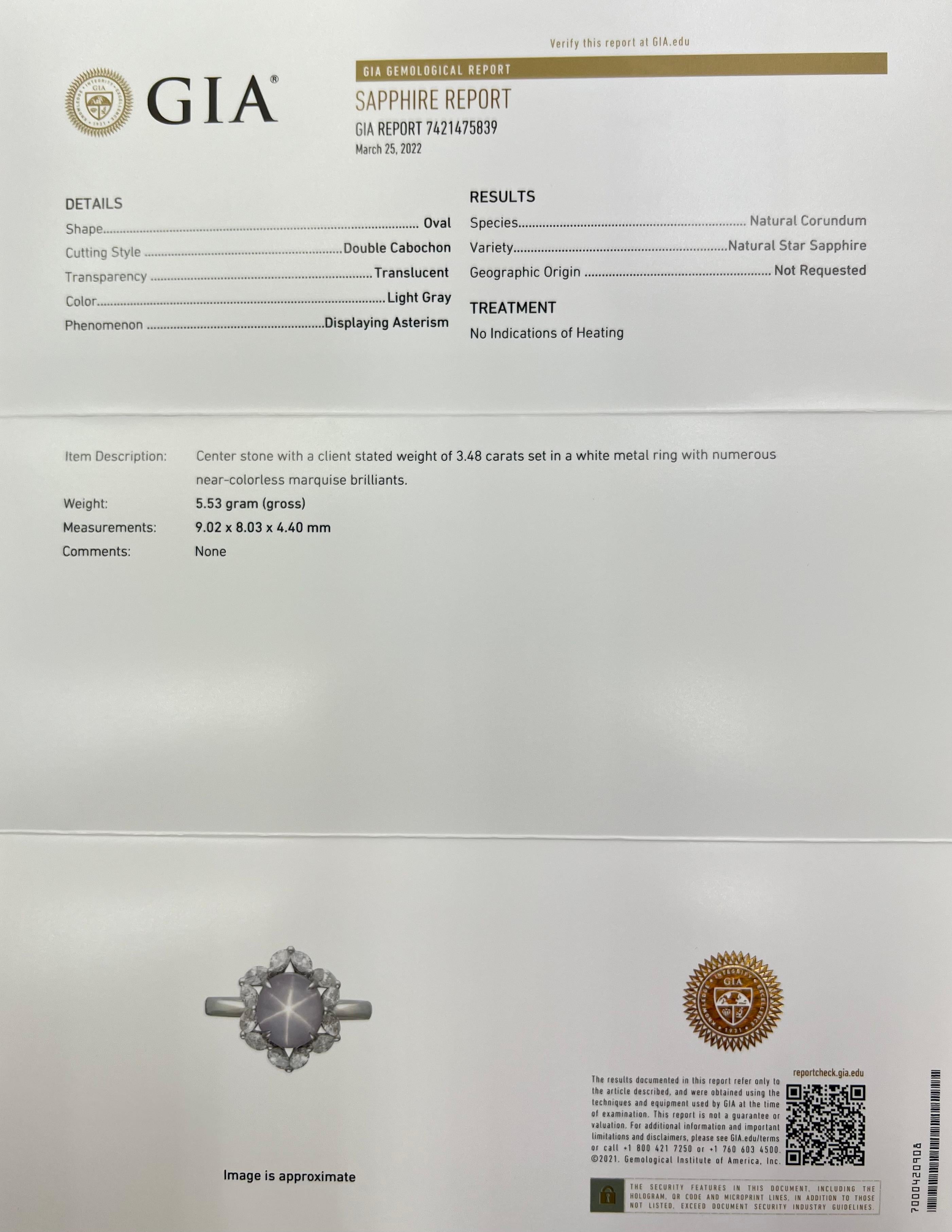 GIA Certified 3.48 Cts Natural No Heat Star Sapphire & Diamond Cocktail Ring. For Sale 9