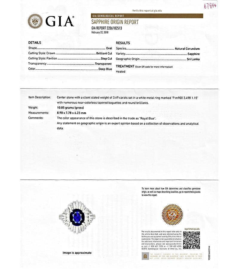 GIA Certified 3.49ct Ceylon Sapphire 1.15ct Diamond Ring In Good Condition For Sale In New York, NY