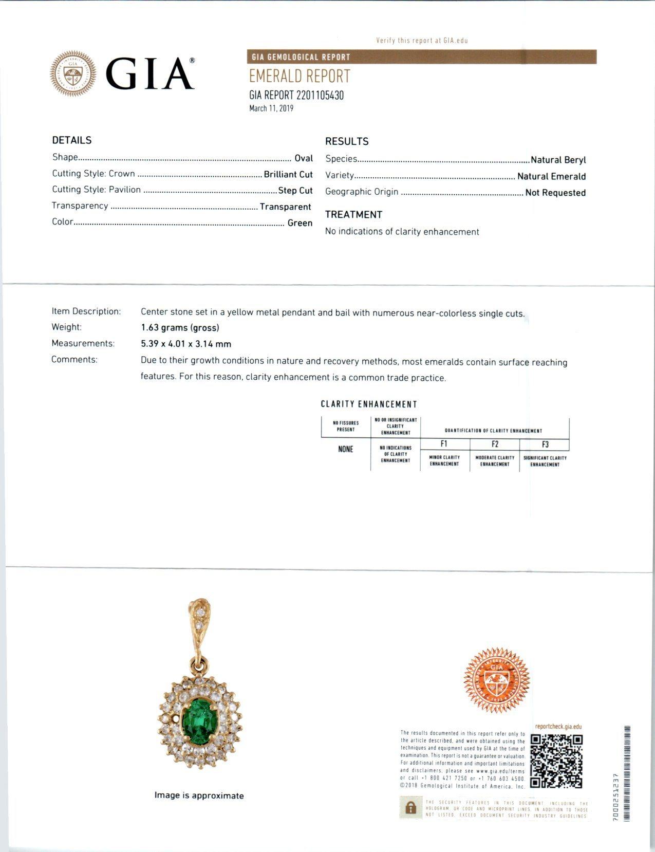 GIA Certified .35 Carat Emerald Diamond Yellow Gold Pendant Necklace For Sale 1