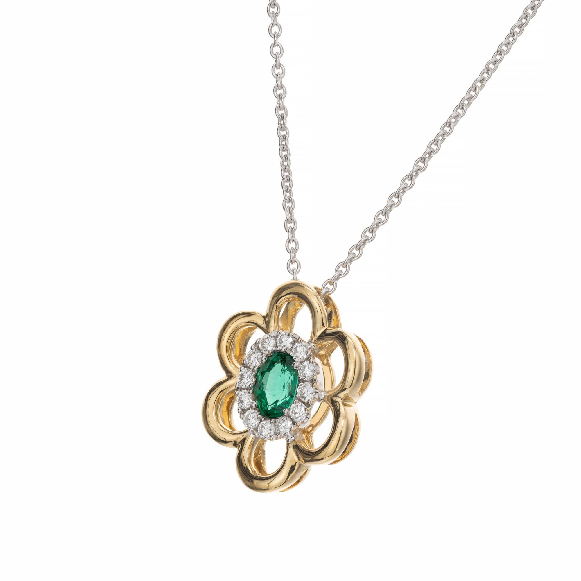 Oval Cut GIA Certified .35 Carat Emerald Diamond Yellow White Gold Pendant Necklace For Sale