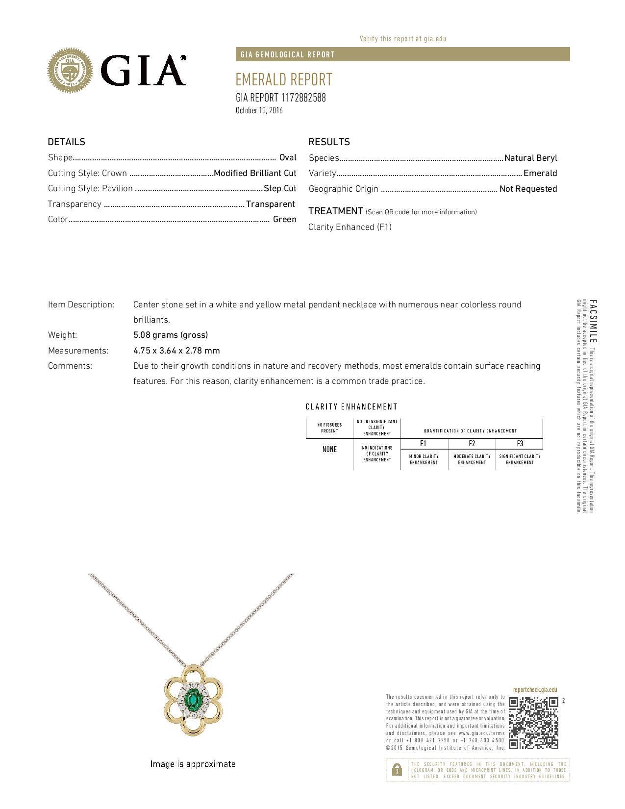GIA Certified .35 Carat Emerald Diamond Yellow White Gold Pendant Necklace In Good Condition For Sale In Stamford, CT