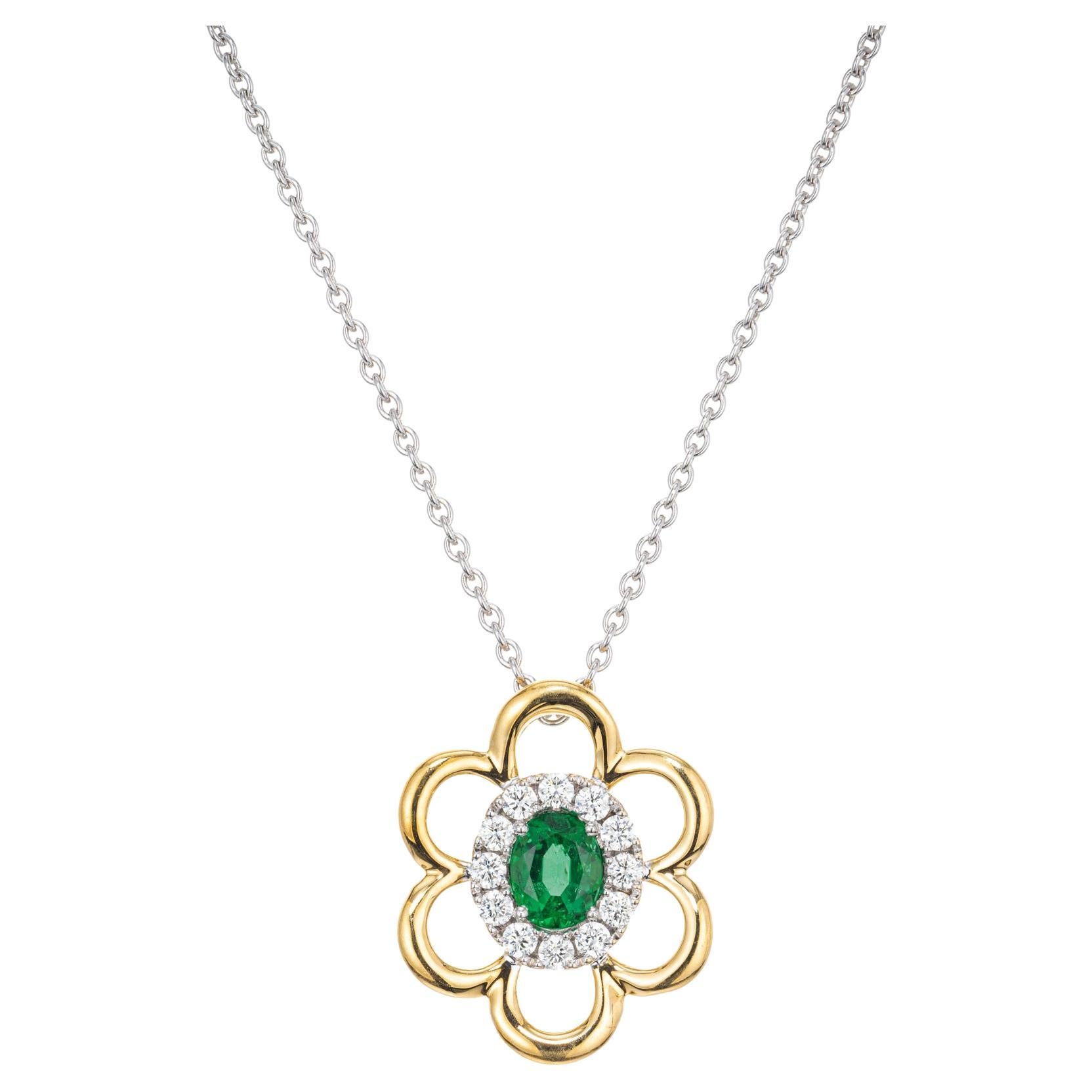 GIA-zertifizierte .35 Karat Smaragd-Diamant-Halskette aus Gelb-Weißgold im Angebot
