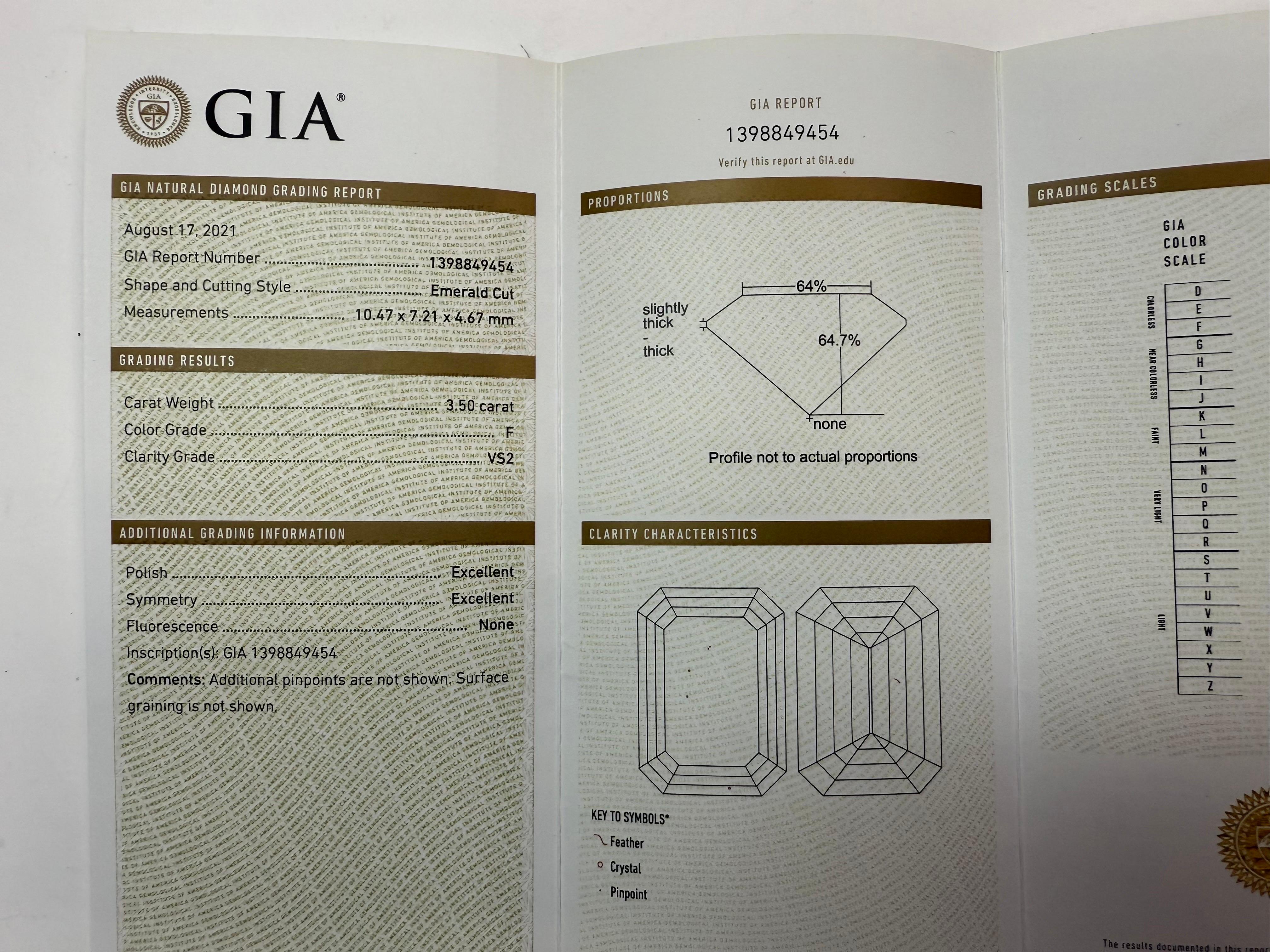 GIA zertifiziert 3,5 Karat F VS2 Smaragdschliff Natürlicher Diamant Plat Verlobungsring im Zustand „Gut“ im Angebot in Los Angeles, CA