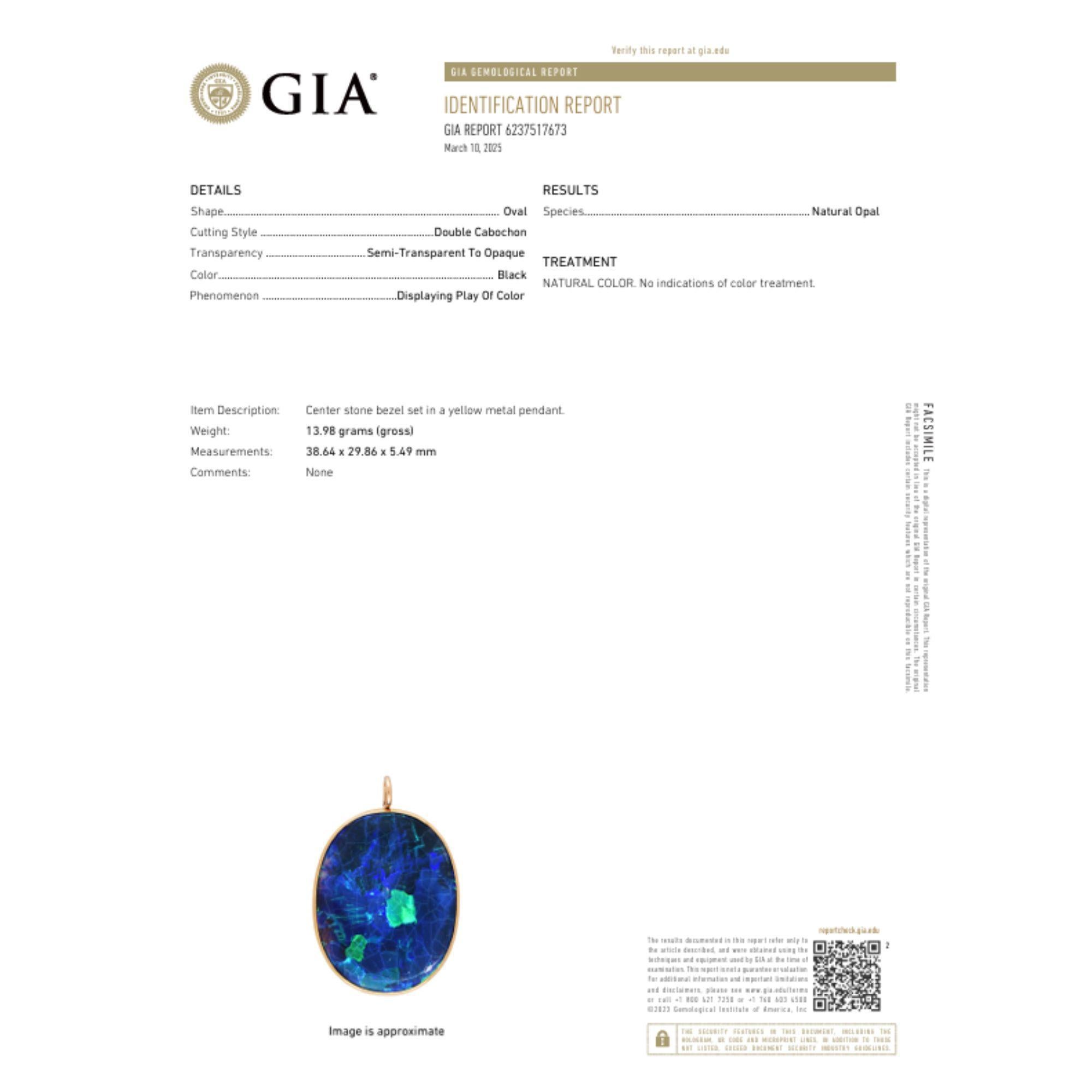 Colgante de ópalo negro australiano de 35 quilates Marcus & Co. certificado por GIA en oro de 18 quilates Cabujón en venta