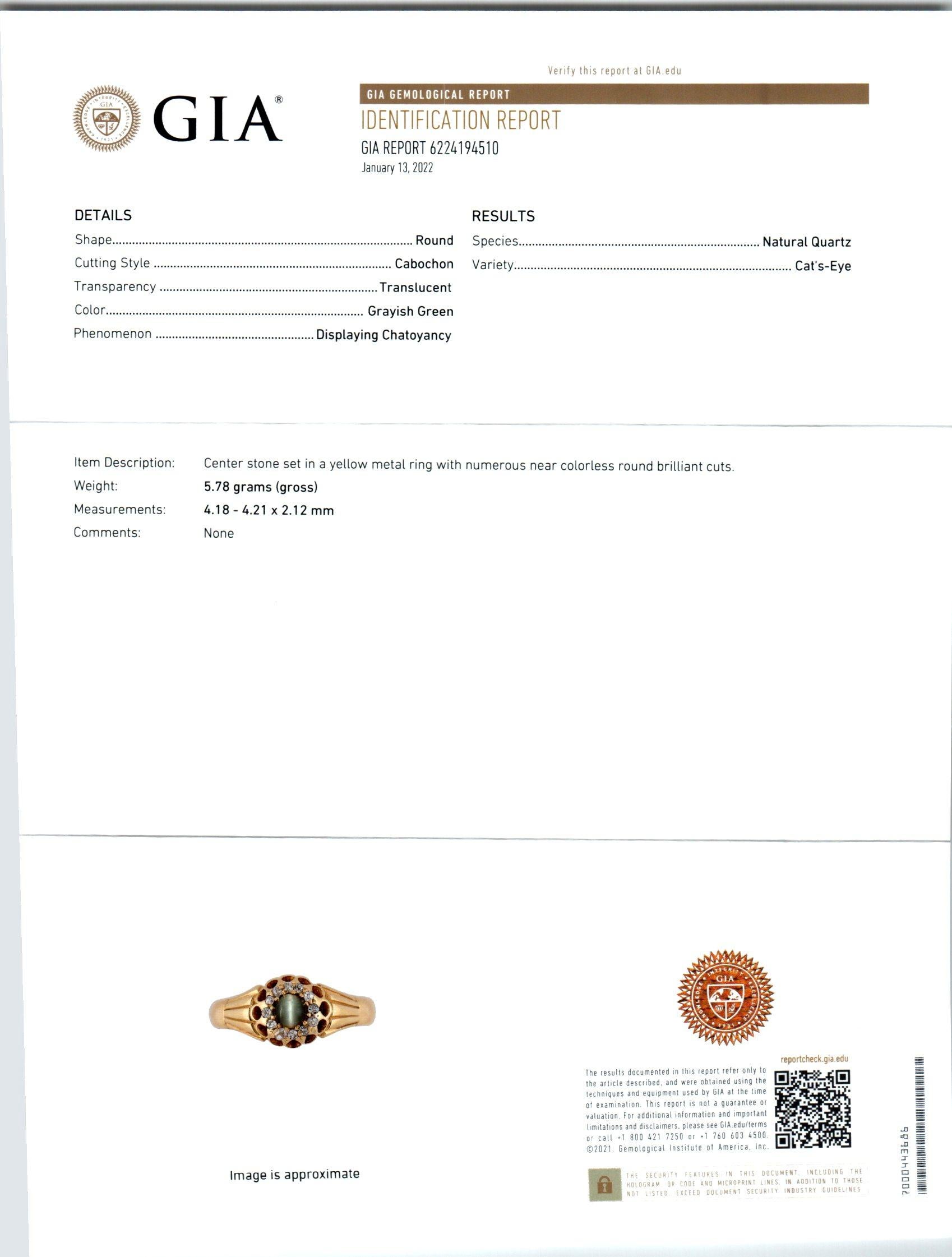 Round Cut GIA Certified .35 Carat Quartz Cats Eye Diamond Halo Yellow Gold Mens Ring  For Sale