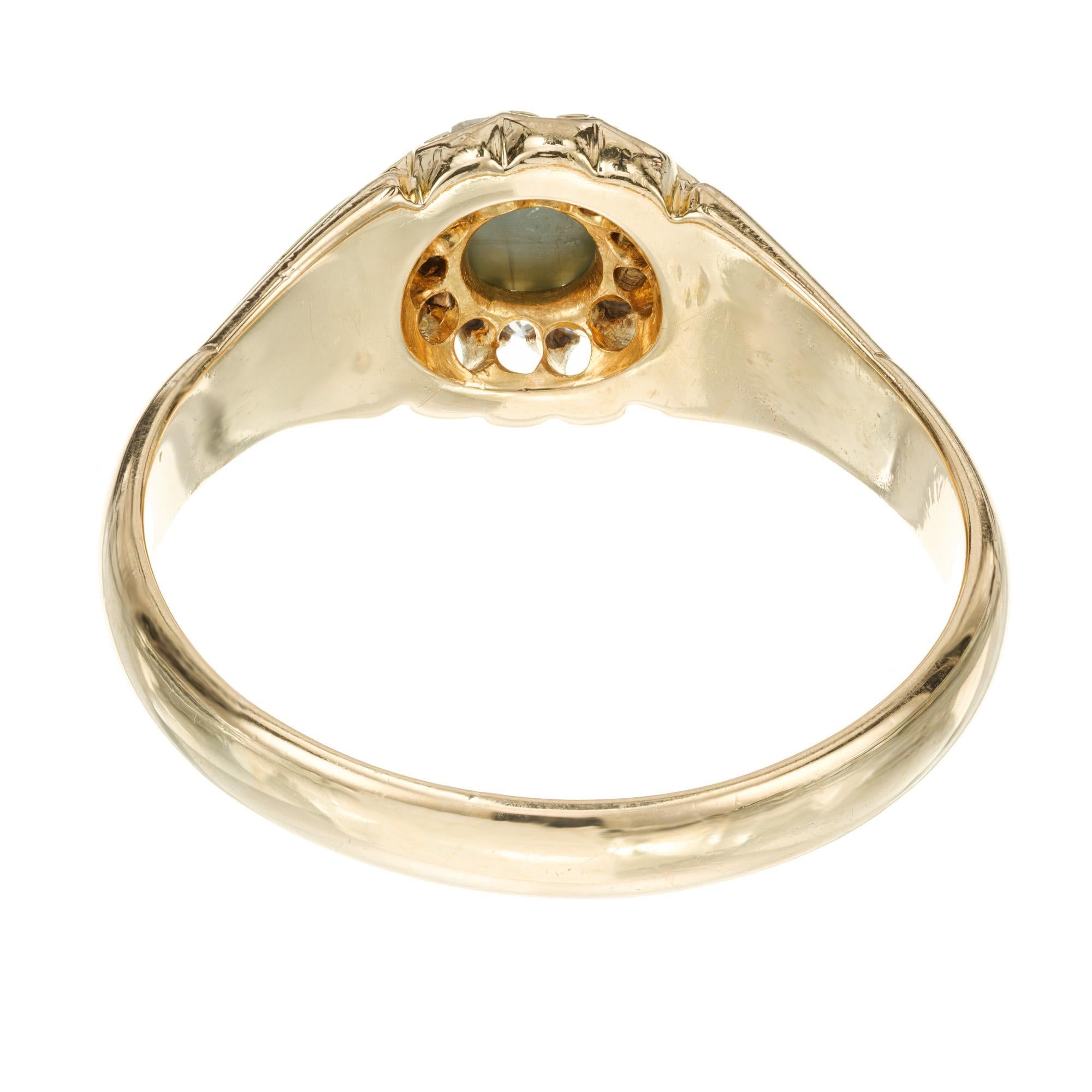 Men's GIA Certified .35 Carat Quartz Cats Eye Diamond Halo Yellow Gold Mens Ring  For Sale