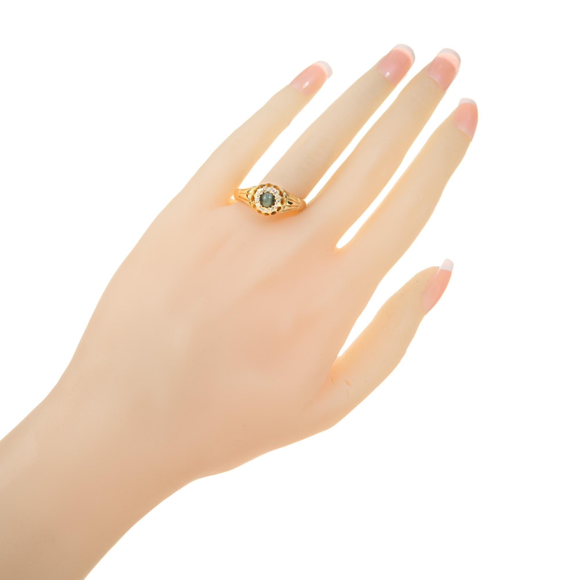 GIA Certified .35 Carat Quartz Cats Eye Diamond Halo Yellow Gold Mens Ring  For Sale 2