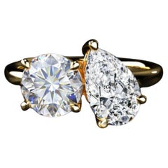 GIA Certified 3.50 Carat D/VVS2 Round & Pear Diamond Toi Et Moi Ring 18K Gold