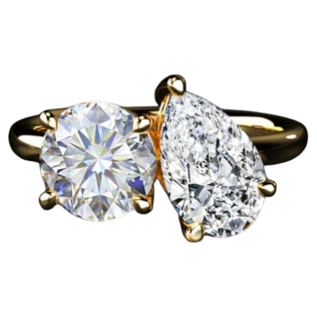 Bague « Toi et Moi » en or 18 carats, sertie de diamants ronds et en forme de poire de 3,50 carats, certifiés GIA, de qualité D/VVS2