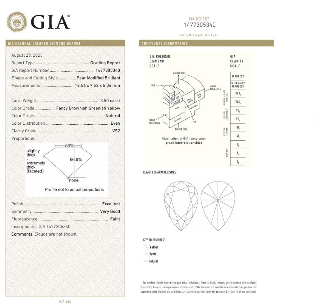 Anello con diamante VS2 certificato GIA da 3,50 carati di colore giallo bruno-verdastro in vendita 1