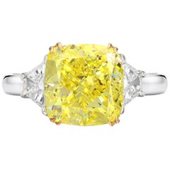 GIA Certified 3 Carat Fancy Intense Yellow Cushion Ring