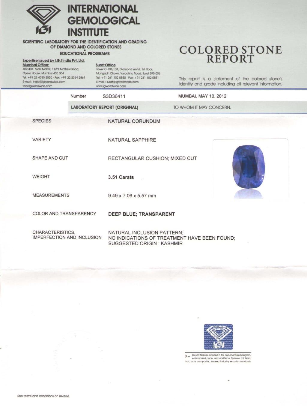Women's or Men's GIA Certified 3.50 Carat Kashmir Blue Sapphire & pair of diamonds (stones only)