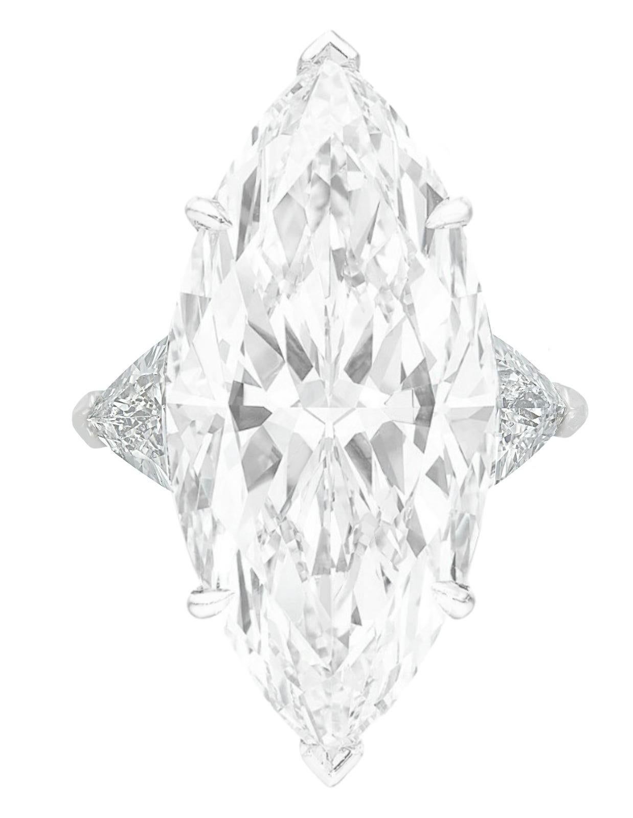 This magnificent diamond from Antinori di Sanpietro ROMA is a treasure beyond description... The 3.carat marquise cut diamond of D color and SI1 clarity is set in a handmade, platinum ring mounting with beautifully matched trillion diamonds. With no