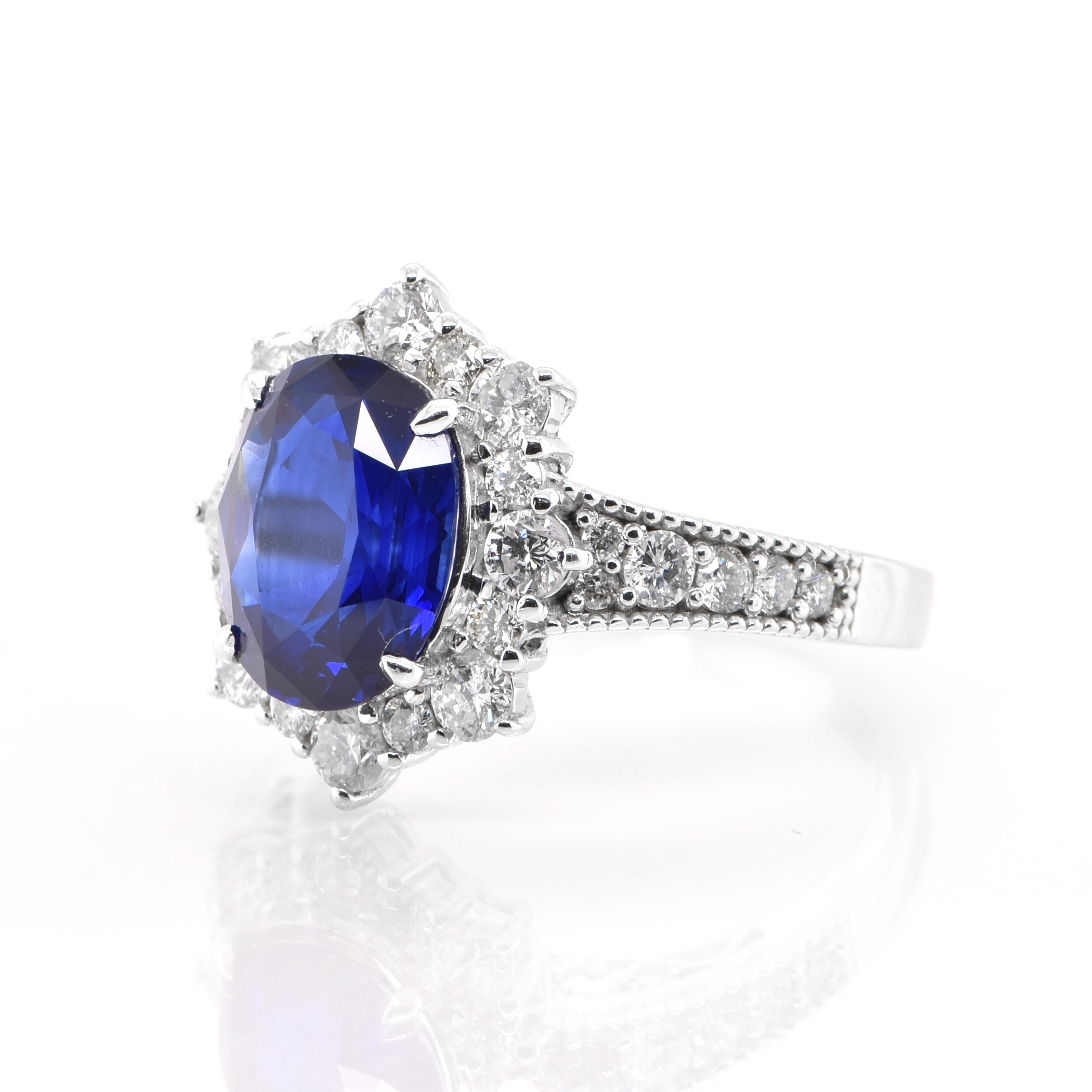 A beautiful Engagement Ring featuring a GIA Certified, 3.50 Carat, Natural Sapphire and 0.99 Carats of Diamond Accents set in Platinum. Sapphires have extraordinary durability - they excel in hardness as well as toughness and durability making them