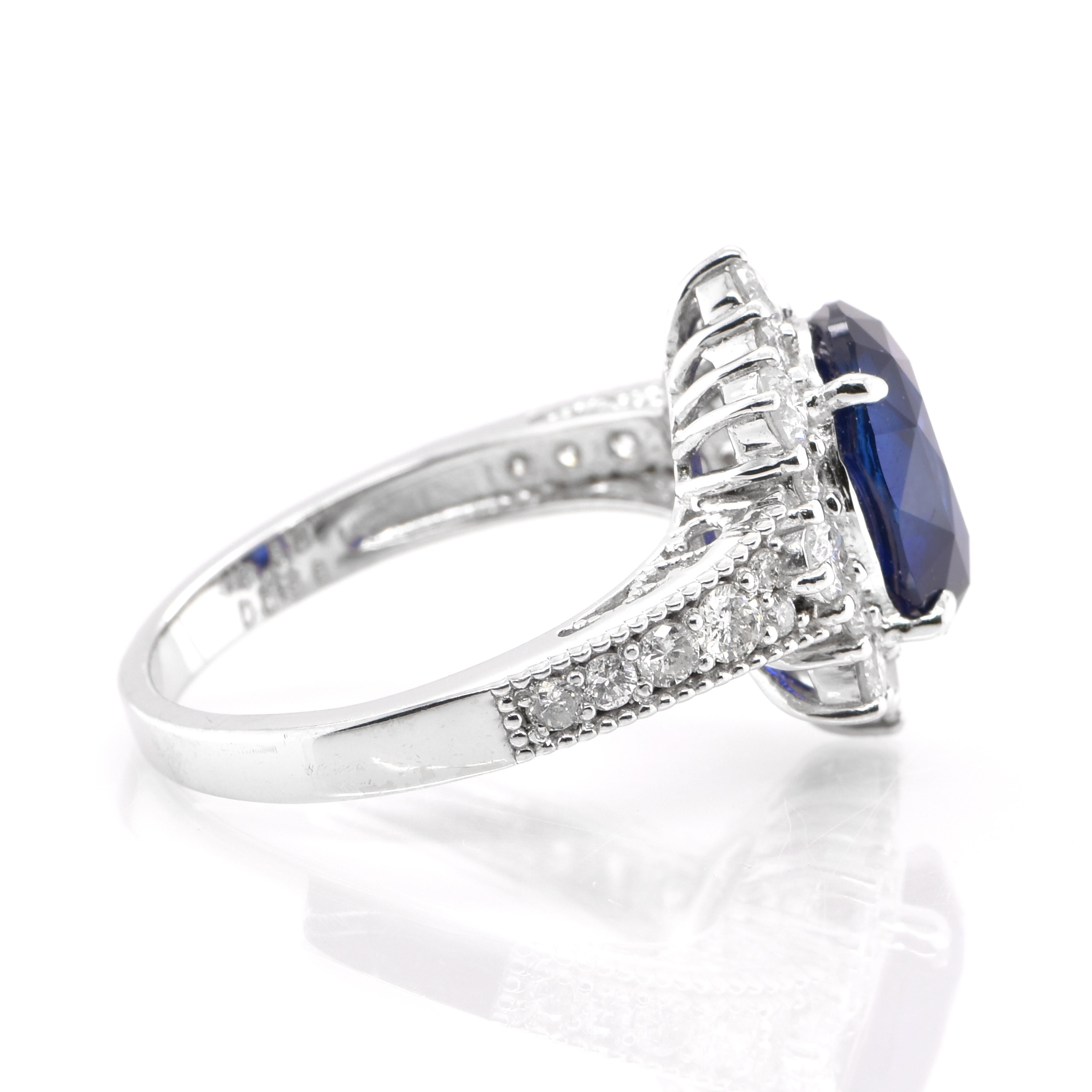 Oval Cut GIA Certified 3.50 Carat Natural Blue Sapphire and Diamond Ring Set in Platinum For Sale