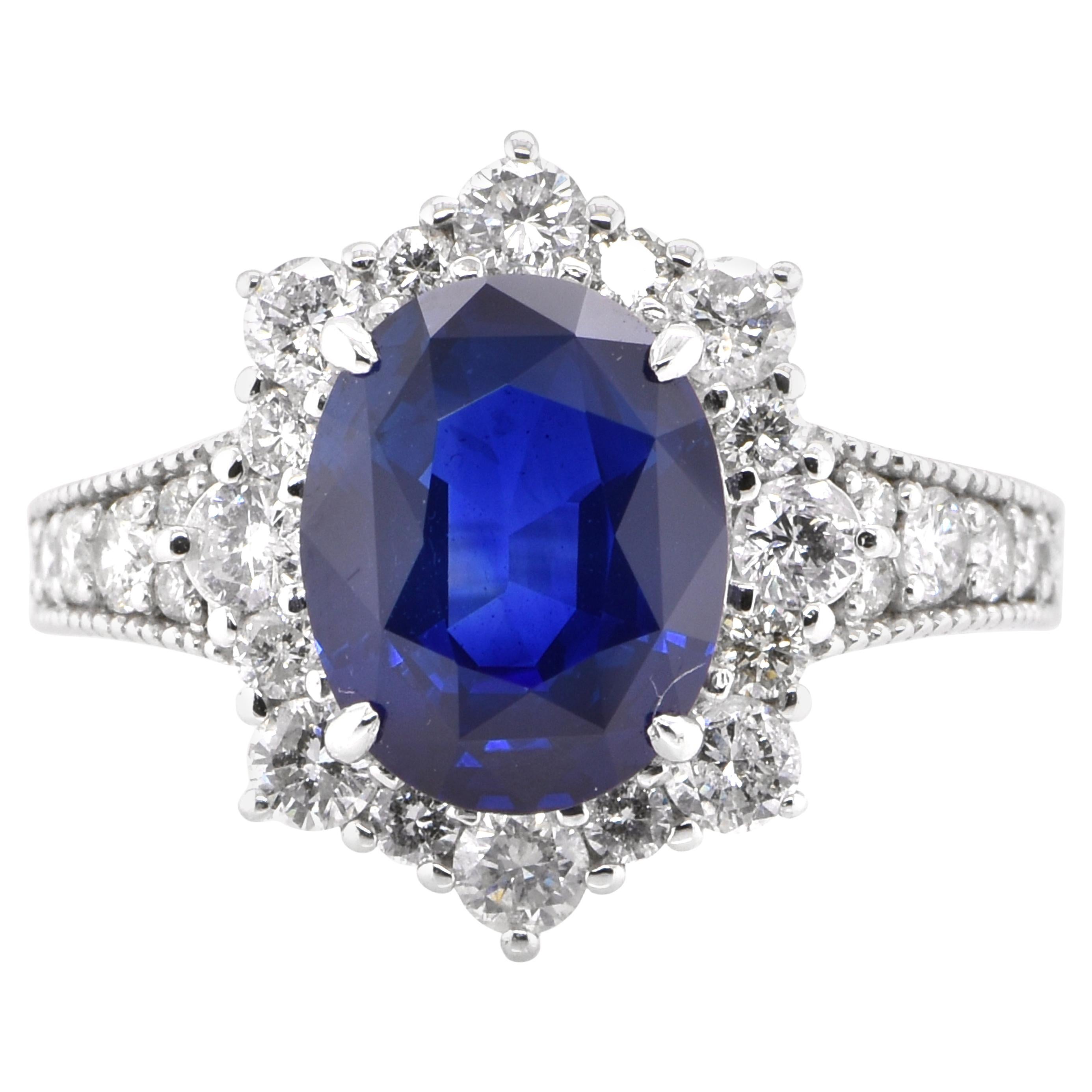 GIA Certified 3.50 Carat Natural Blue Sapphire and Diamond Ring Set in Platinum For Sale