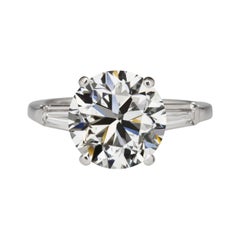 GIA Certified 3 Carat Round Brilliant Cut Diamond Tapered Baguette Ring