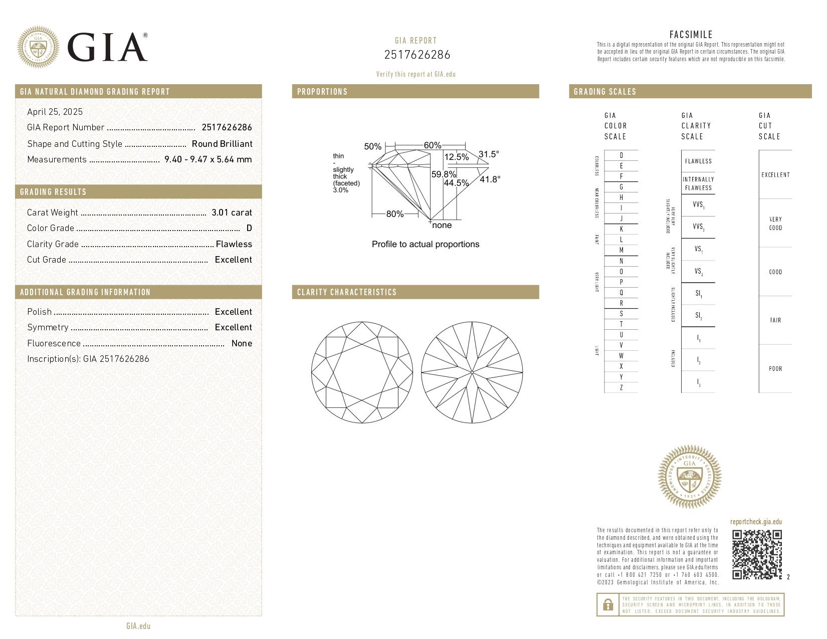 Women's or Men's GIA Certified 3.01 Carat Round Cut Diamond D Color Flawless Clarity Ring For Sale