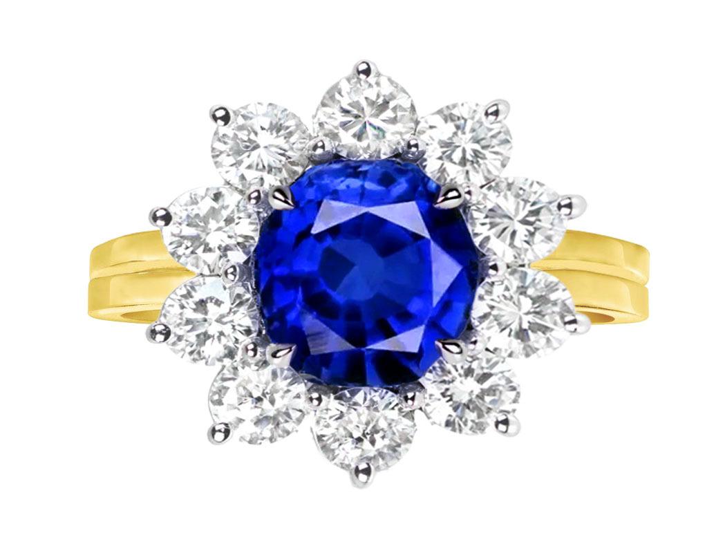 An Iconic Style and VERY ELEGANT  Kashmir Natural Gorgeous Royal Sapphire & Diamond Cluster Ring.
One of the most recognized design, the Round cut Center Sapphire is  3.50 ct. Certified by GIA

This gorgeous and quite substantial 3.50 Carat GIA
