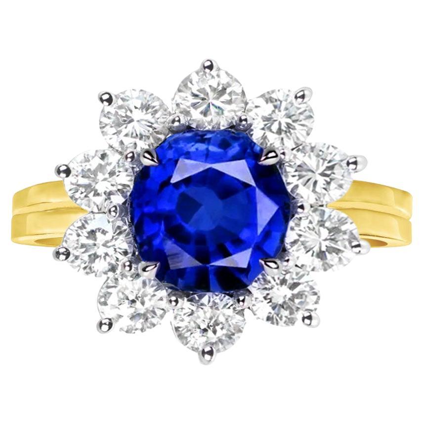 Bague en saphir bleu royal de 3,50 carats certifié par le GIA et diamant de taille ronde