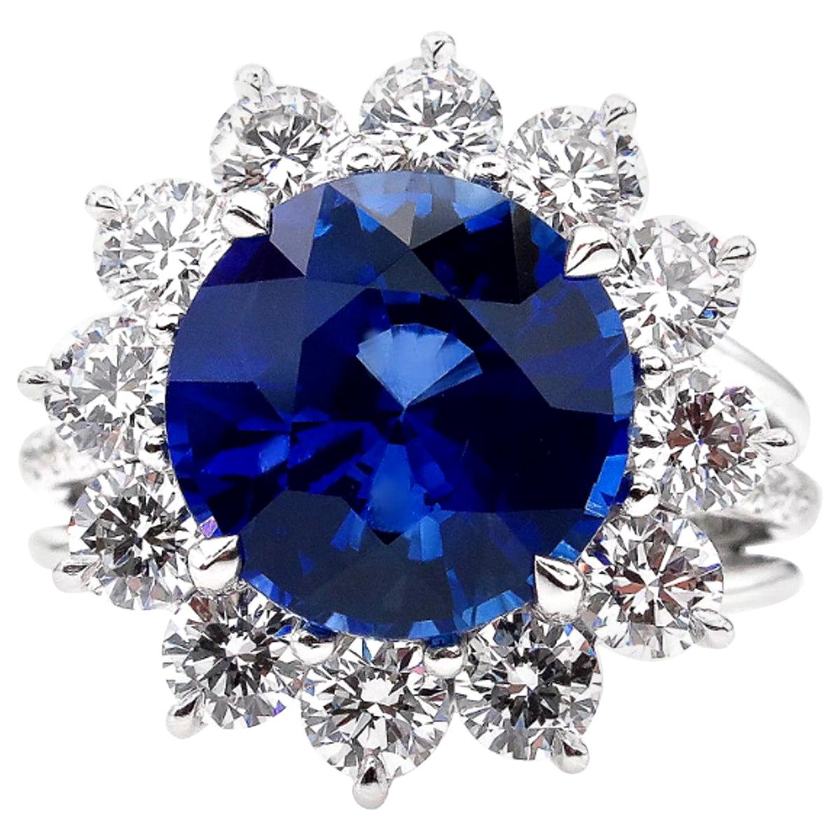 GIA Certified 3.50 Carat Royal Blue Sapphire Round Cut Diamond Ring