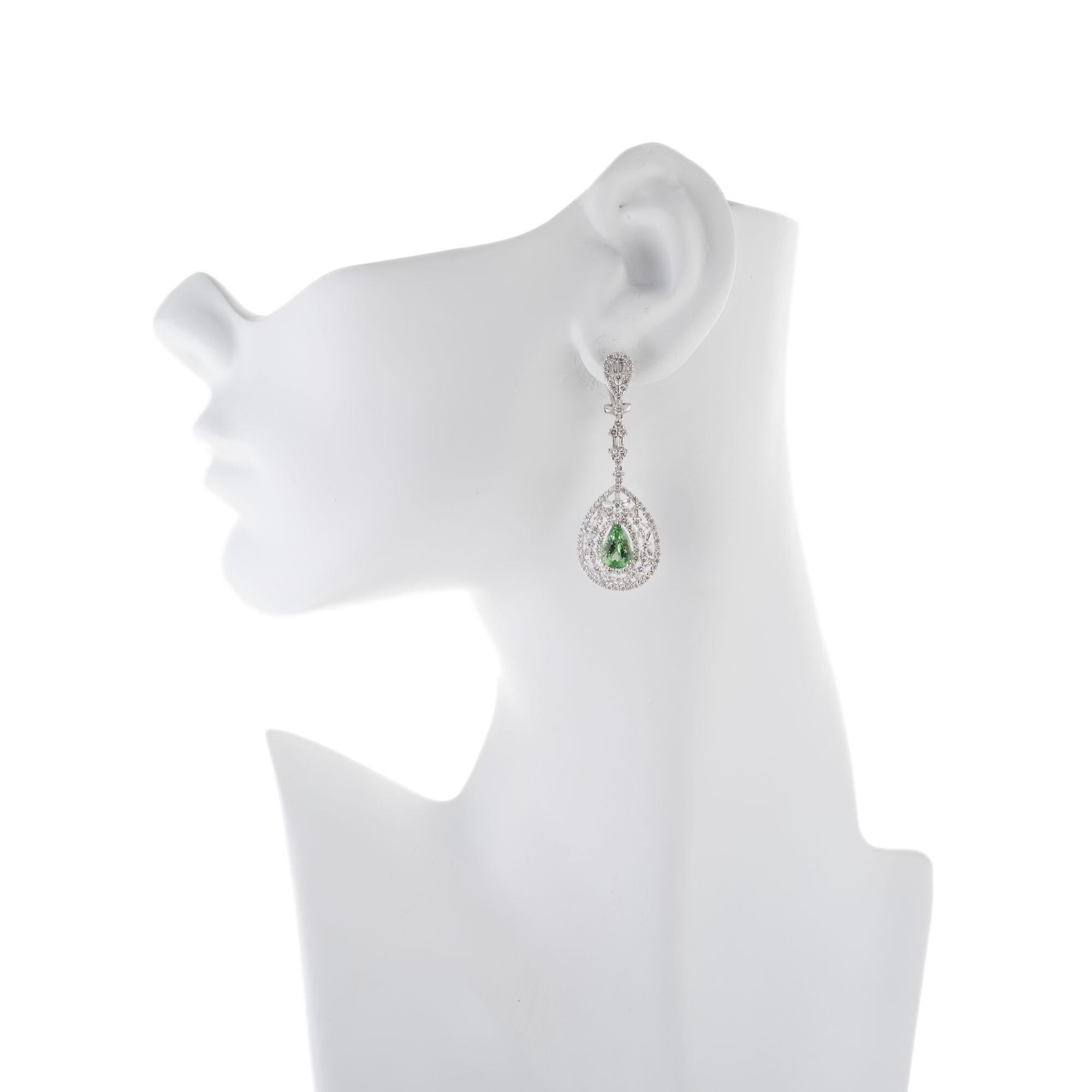 GIA Certified 3.50 Carat Tsavorite Garnet Diamond Gold Dangle Drop Earrings In Excellent Condition For Sale In Stamford, CT